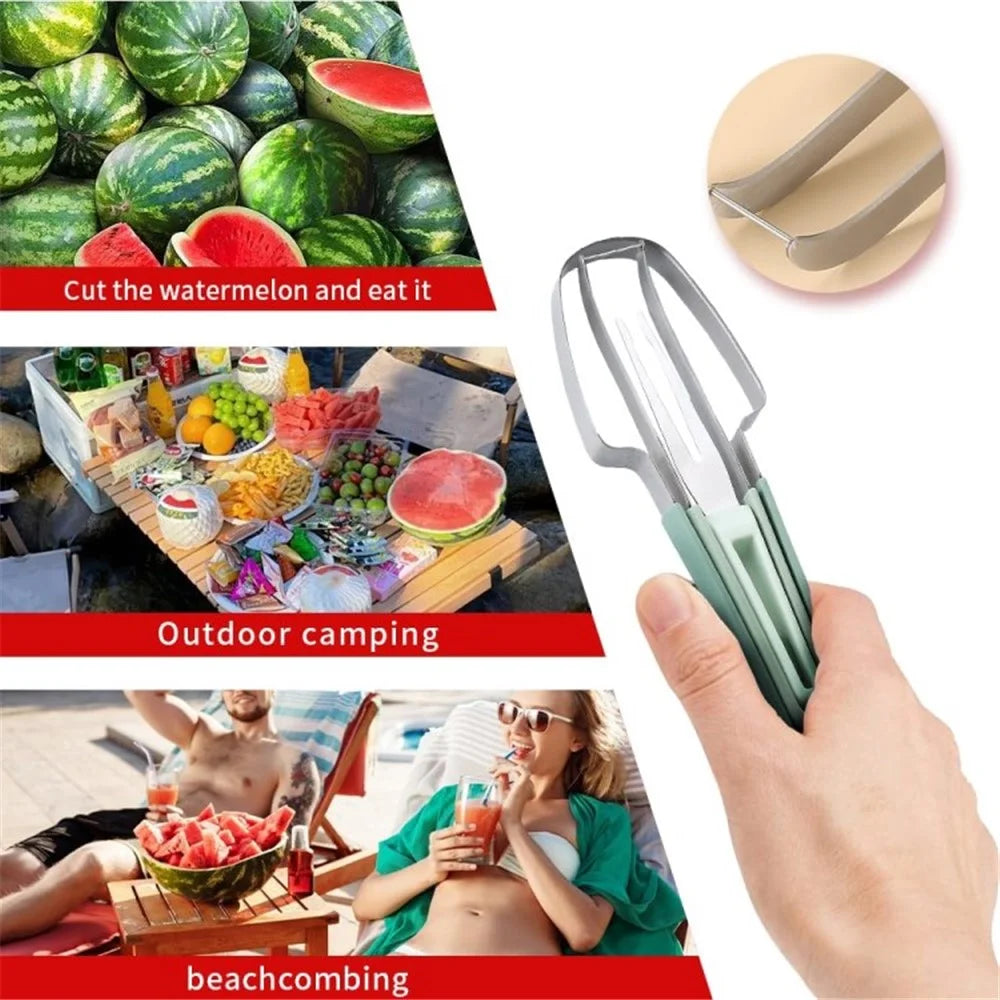 Stainless Steel 3-in-1 Watermelon Cutter Slicer Fork Tool Set Kitchen Gadget (BPA Free, No FDA) - Beige - 4
