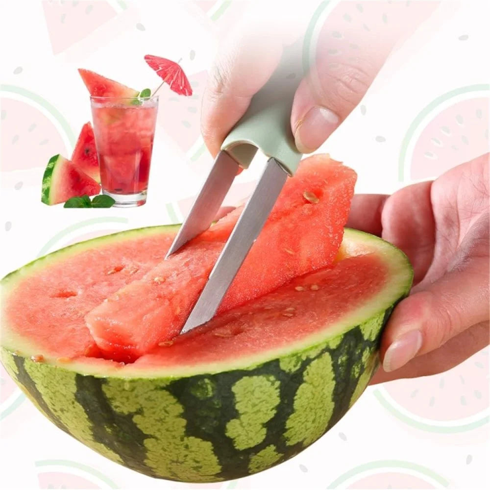 Stainless Steel 3-in-1 Watermelon Cutter Slicer Fork Tool Set Kitchen Gadget (BPA Free, No FDA) - Beige - 5