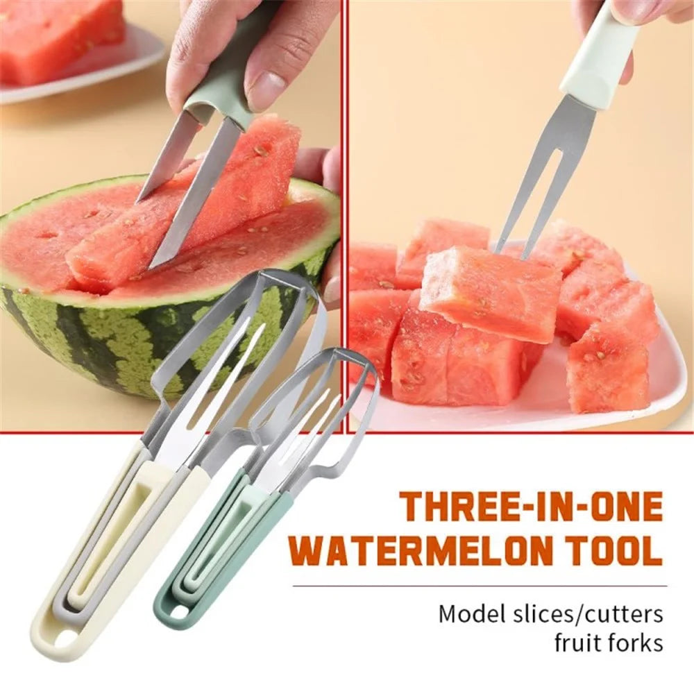 Stainless Steel 3-in-1 Watermelon Cutter Slicer Fork Tool Set Kitchen Gadget (BPA Free, No FDA) - Beige - 6