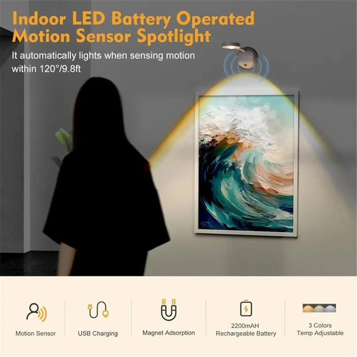 Rechargeable Spotlight Electric Free Wiring Indoor Wall Light Spotlight Smart LED Human Body Sensor Lamp - White - 3