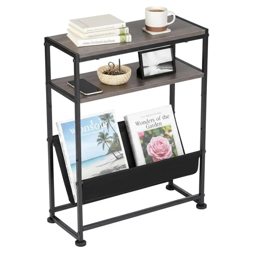 DULCII Metal Frame Wooden Magazine Organizer Table with Fabric Pocket for Home Office, 40 x 16.7 x 55cm - Grey Green - 1