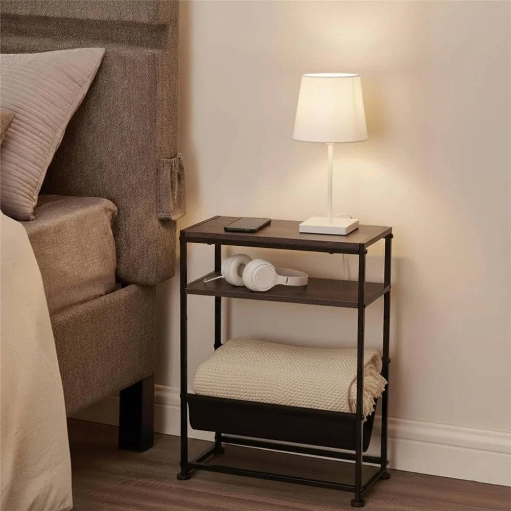 DULCII Metal Frame Wooden Magazine Organizer Table with Fabric Pocket for Home Office, 40 x 16.7 x 55cm - Grey Green - 3