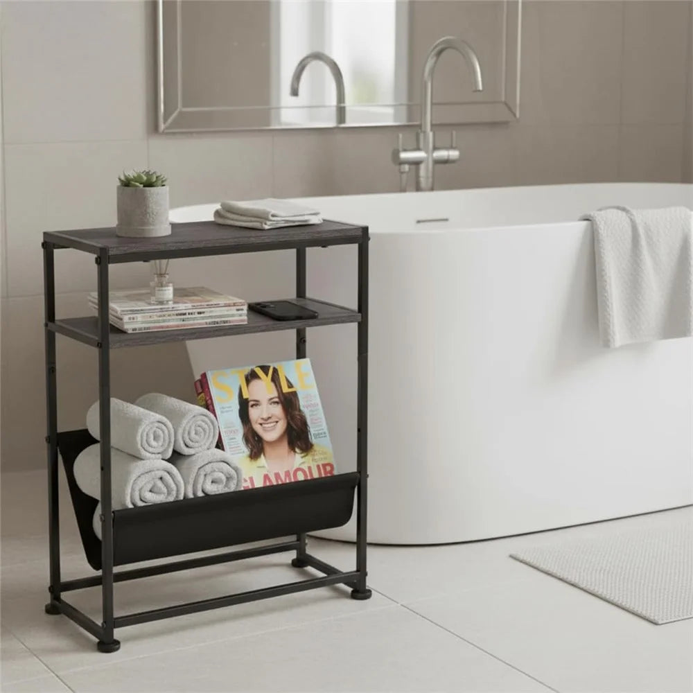DULCII Metal Frame Wooden Magazine Organizer Table with Fabric Pocket for Home Office, 40 x 16.7 x 55cm - Grey Green - 6