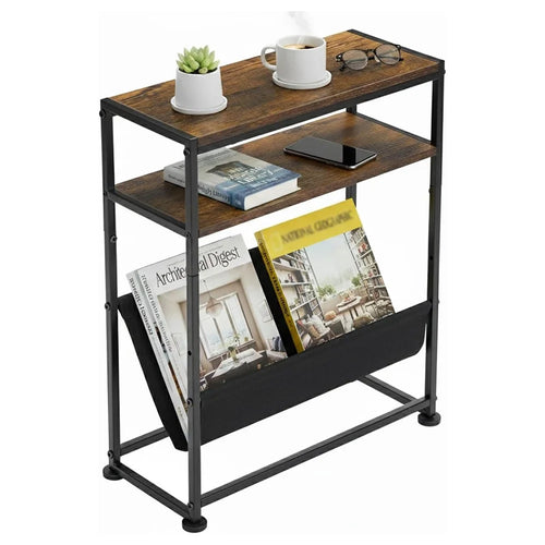 DULCII Metal Frame Wooden Magazine Organizer Table with Fabric Pocket for Home Office, 40 x 16.7 x 55cm - Rustic Brown - 1
