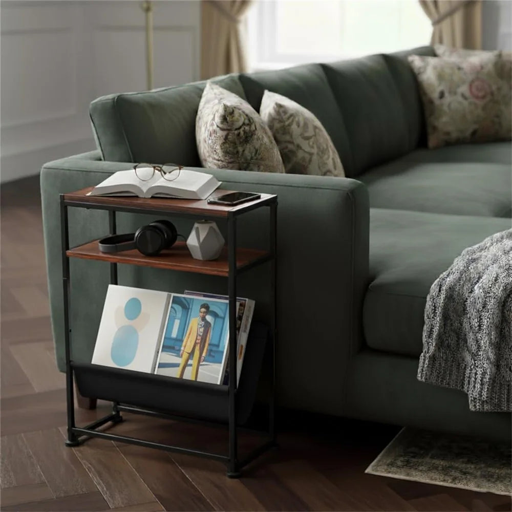 DULCII Metal Frame Wooden Magazine Organizer Table with Fabric Pocket for Home Office, 40 x 16.7 x 55cm - Rustic Brown - 2