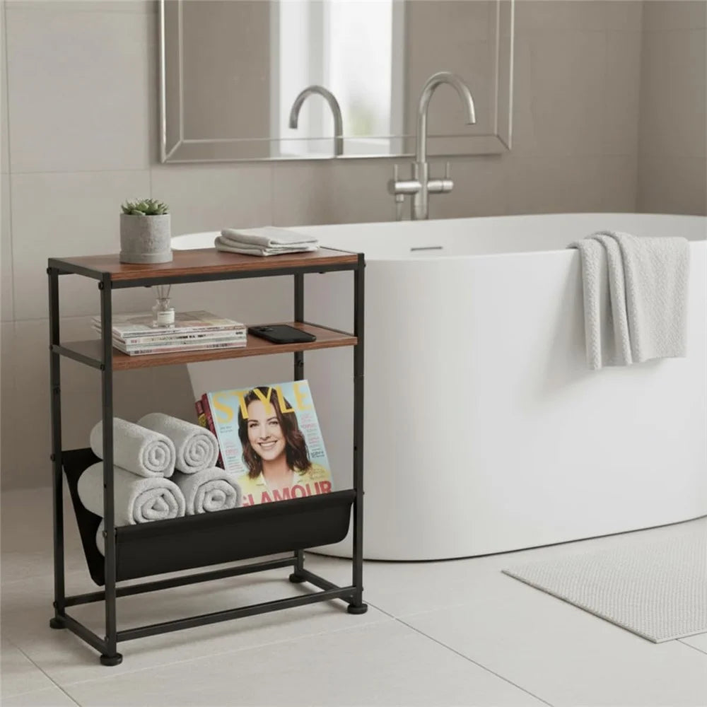 DULCII Metal Frame Wooden Magazine Organizer Table with Fabric Pocket for Home Office, 40 x 16.7 x 55cm - Rustic Brown - 3
