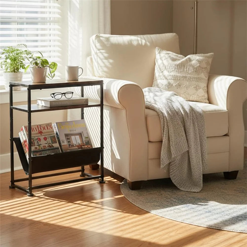 DULCII Metal Frame Wooden Magazine Organizer Table with Fabric Pocket for Home Office, 40 x 16.7 x 55cm - Rustic Brown - 6