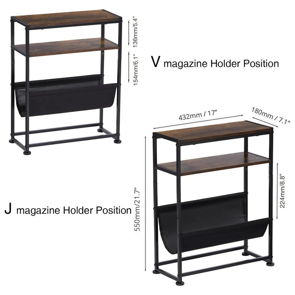 DULCII Metal Frame Wooden Magazine Organizer Table with Fabric Pocket for Home Office, 40 x 16.7 x 55cm - Rustic Brown - 7