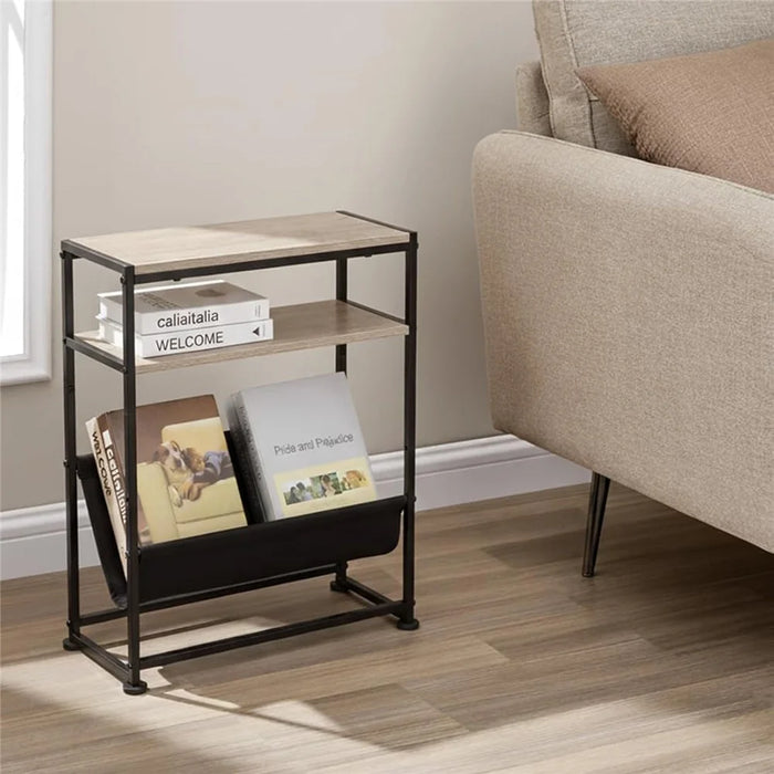 DULCII Metal Frame Wooden Magazine Organizer Table with Fabric Pocket for Home Office, 40 x 16.7 x 55cm - Oak - 3