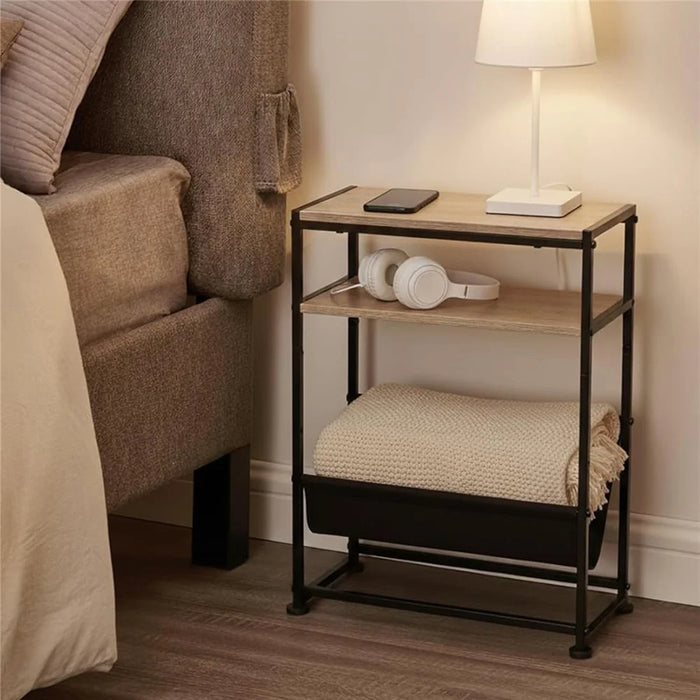 DULCII Metal Frame Wooden Magazine Organizer Table with Fabric Pocket for Home Office, 40 x 16.7 x 55cm - Oak - 4