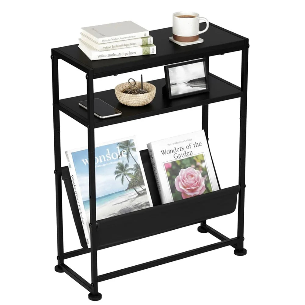 DULCII Metal Frame Wooden Magazine Organizer Table with Fabric Pocket for Home Office, 40 x 16.7 x 55cm - Black Dark Walnut - 1