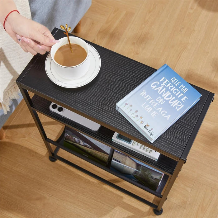 DULCII Metal Frame Wooden Magazine Organizer Table with Fabric Pocket for Home Office, 40 x 16.7 x 55cm - Black Dark Walnut - 4