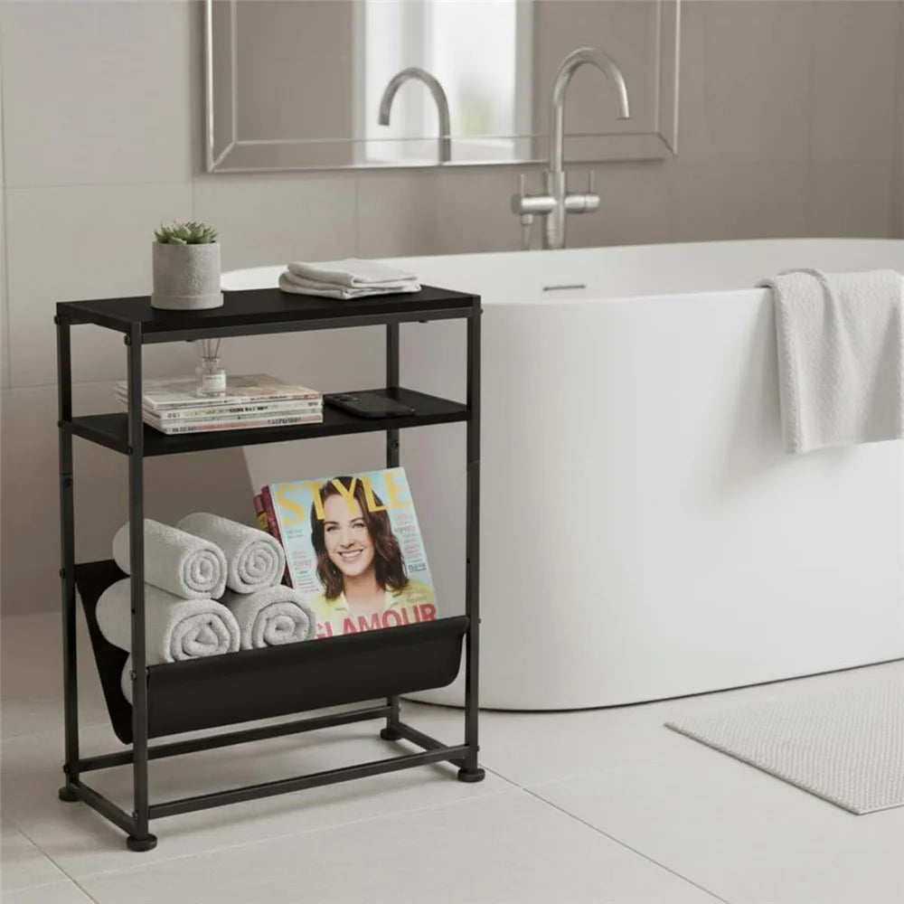 DULCII Metal Frame Wooden Magazine Organizer Table with Fabric Pocket for Home Office, 40 x 16.7 x 55cm - Black Dark Walnut - 5