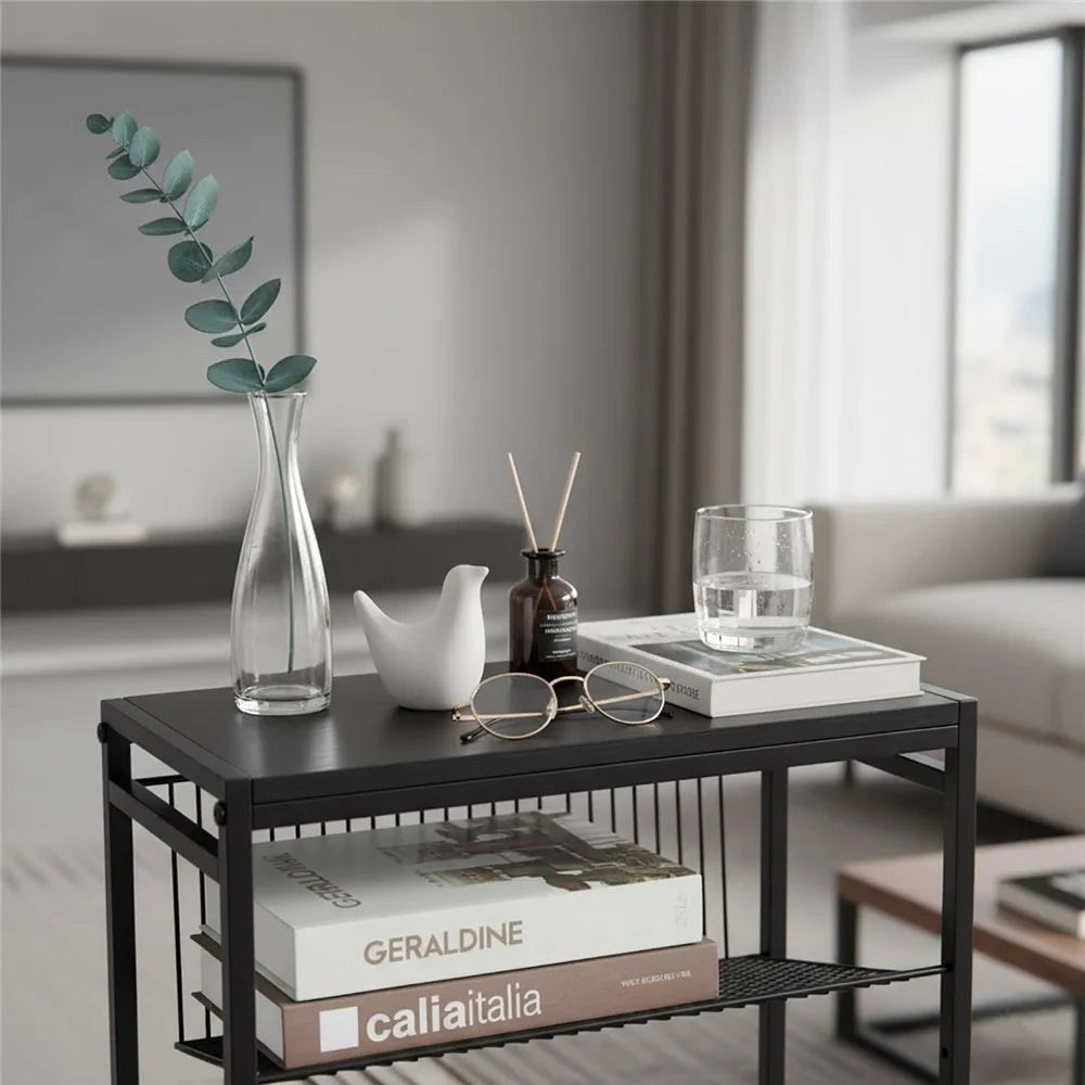 DULCII Wooden Board Magazine Table with Iron Mesh Shelf for Living Room Side End Desk, 400 x 167 x 550mm - Black Dark Walnut - 7