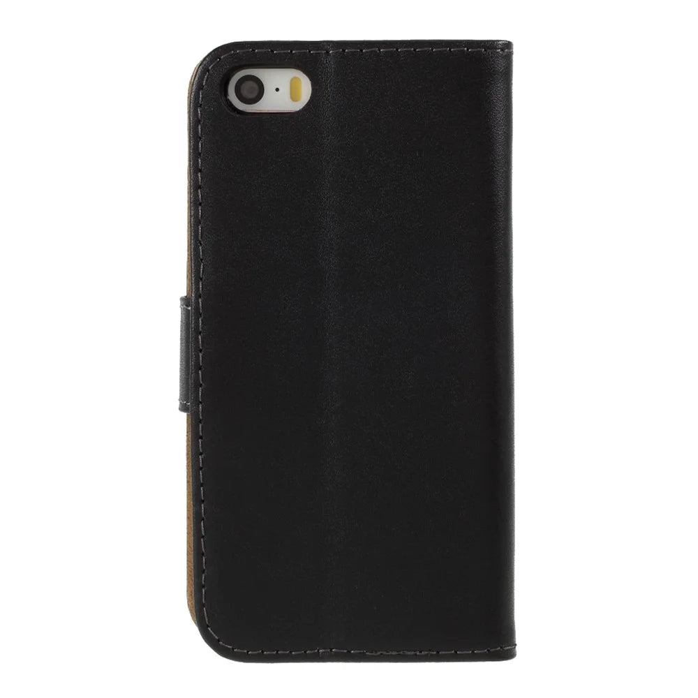 Genuine Split Leather Magnetic Credit Card Wallet Style Folio Stand Case for iPhone SE 5s 5 - Black - 3