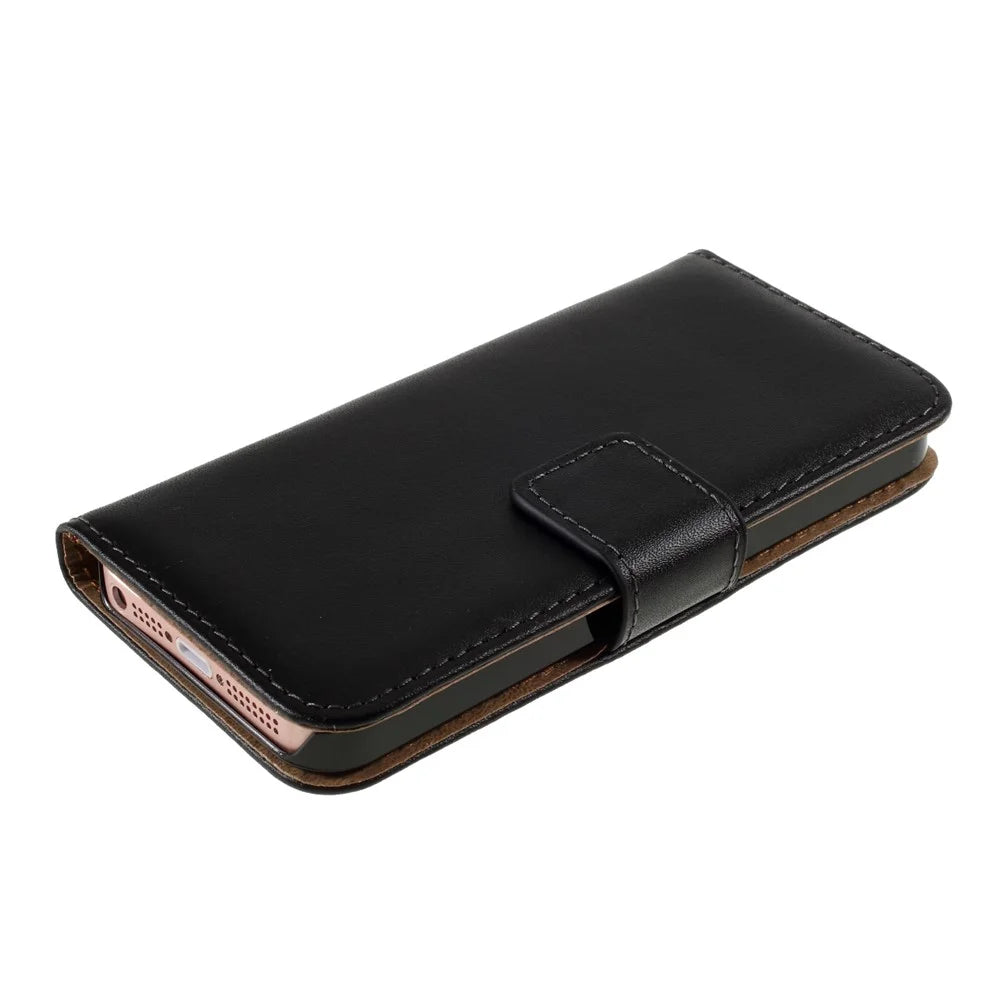 Genuine Split Leather Magnetic Credit Card Wallet Style Folio Stand Case for iPhone SE 5s 5 - Black - 4