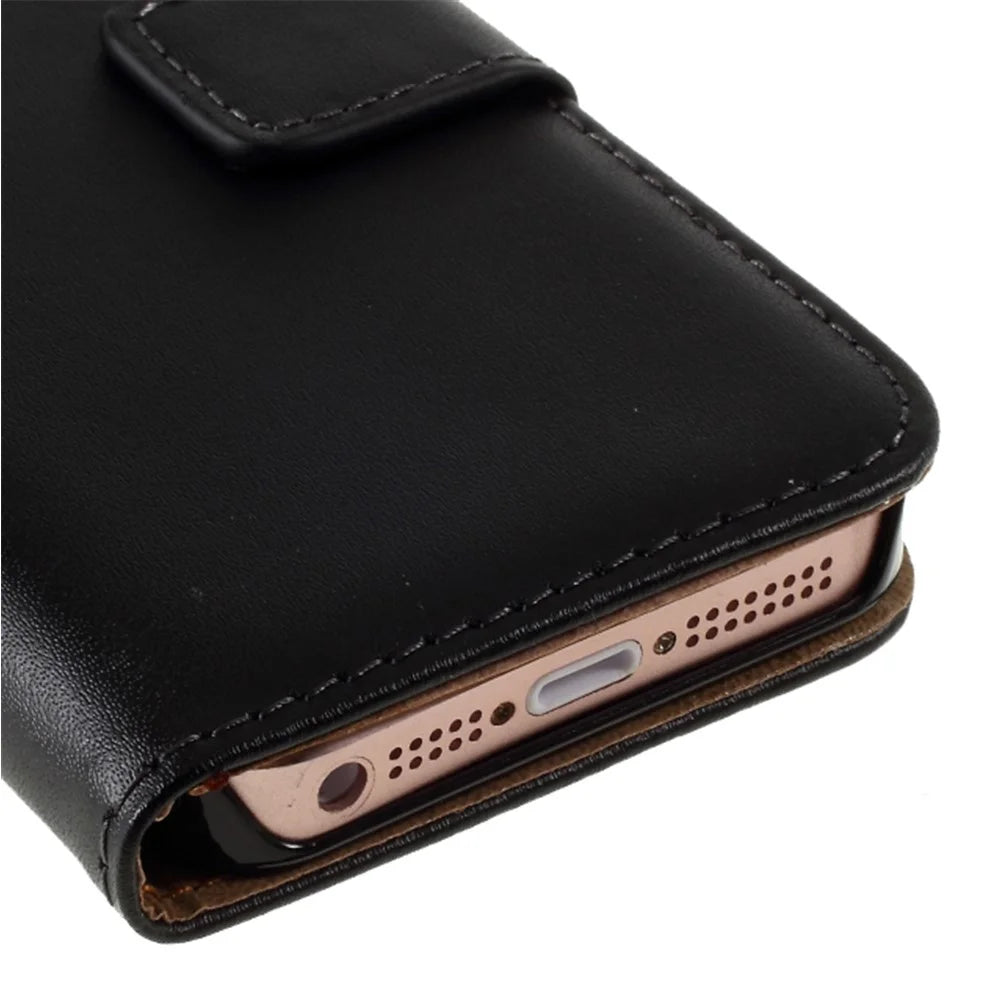 Genuine Split Leather Magnetic Credit Card Wallet Style Folio Stand Case for iPhone SE 5s 5 - Black - 5