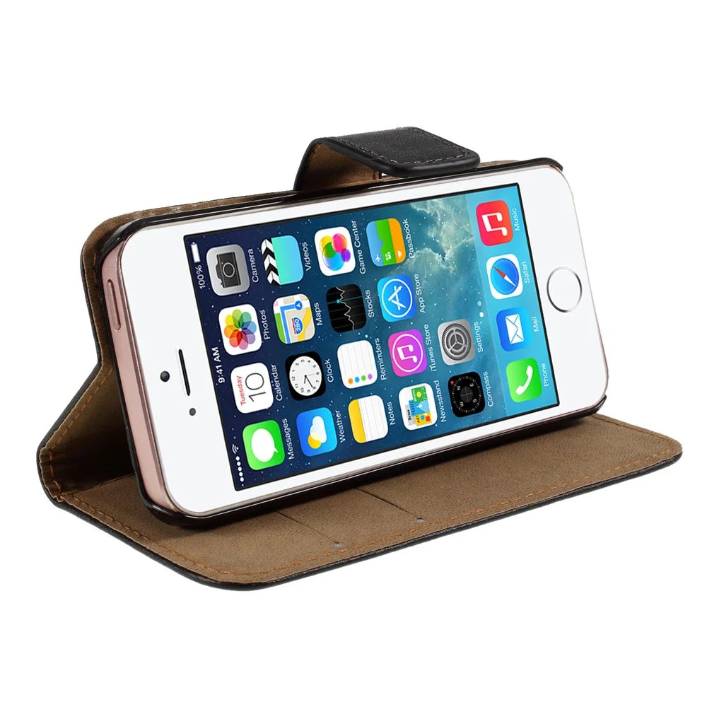 Genuine Split Leather Magnetic Credit Card Wallet Style Folio Stand Case for iPhone SE 5s 5 - Black - 6