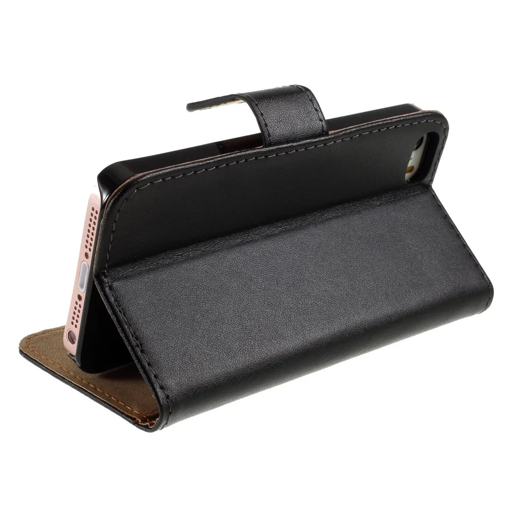Genuine Split Leather Magnetic Credit Card Wallet Style Folio Stand Case for iPhone SE 5s 5 - Black - 7