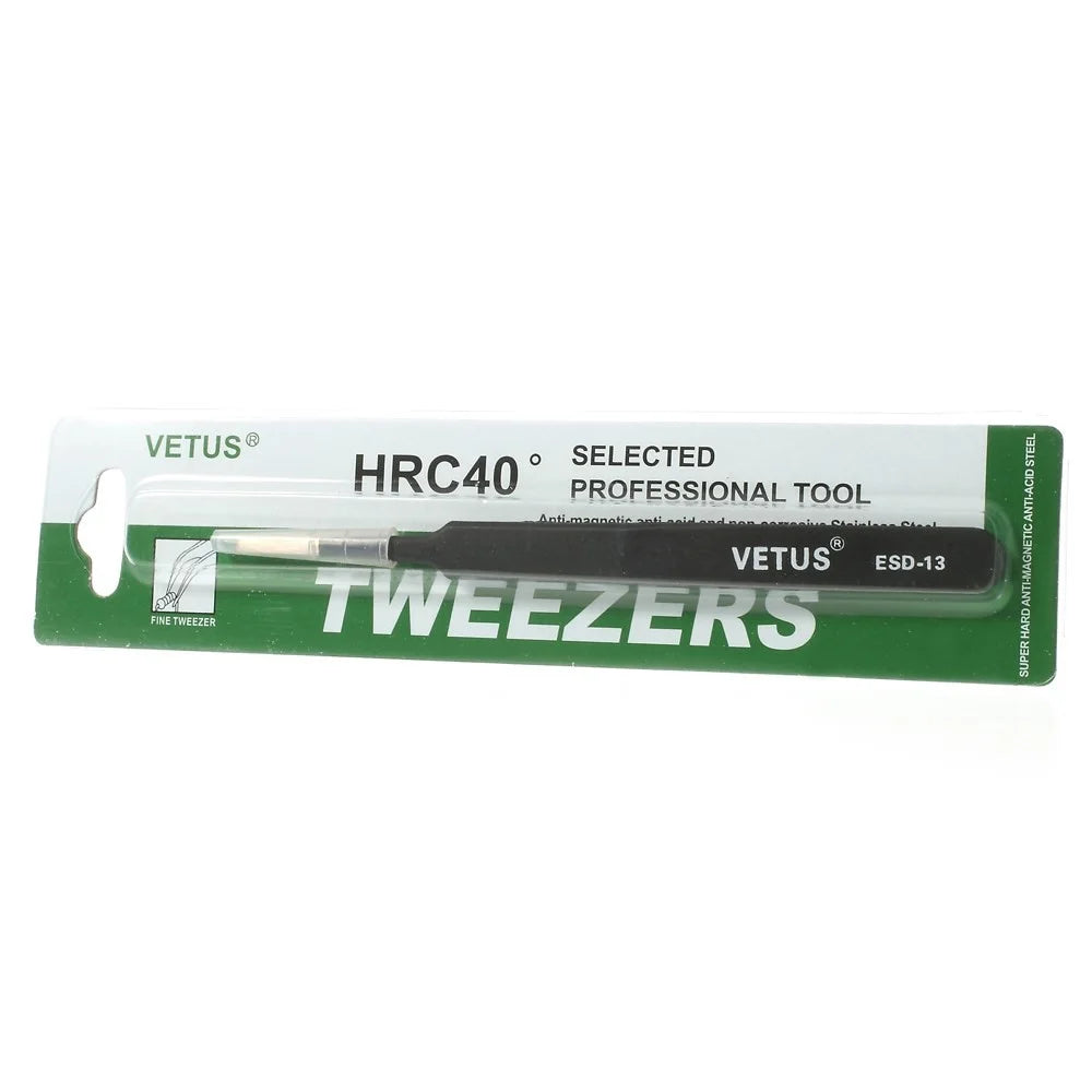 VETUS ESD-13 Anti-Static Stainless Steel Flat and Round Tweezer Repair Tool, Length: 120mm - 5