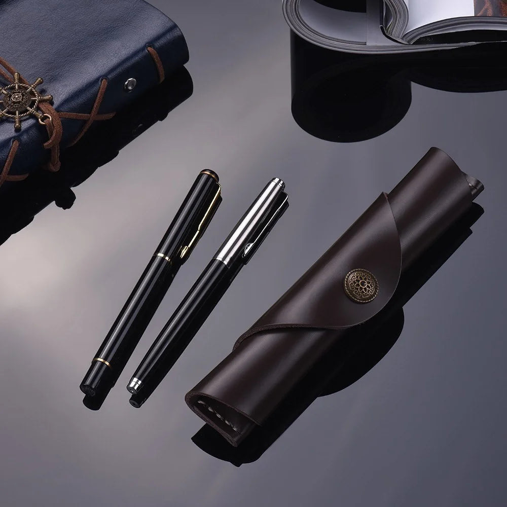 Leather Pen Case Fountain Handmade Sleeve Bag Pouch Protector for Single Pen Stylus Ballpoint, Size: 7'' x 1.2'' - Brown - 7