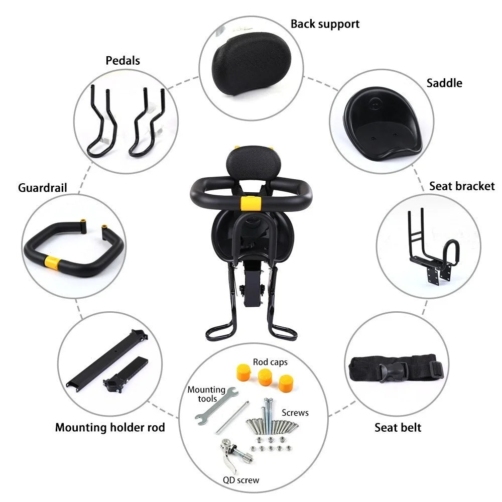 Safety Child Bicycle Seat Bike Front Baby Seat Kids Saddle with Foot Pedals Support Back Rest - Black - 5