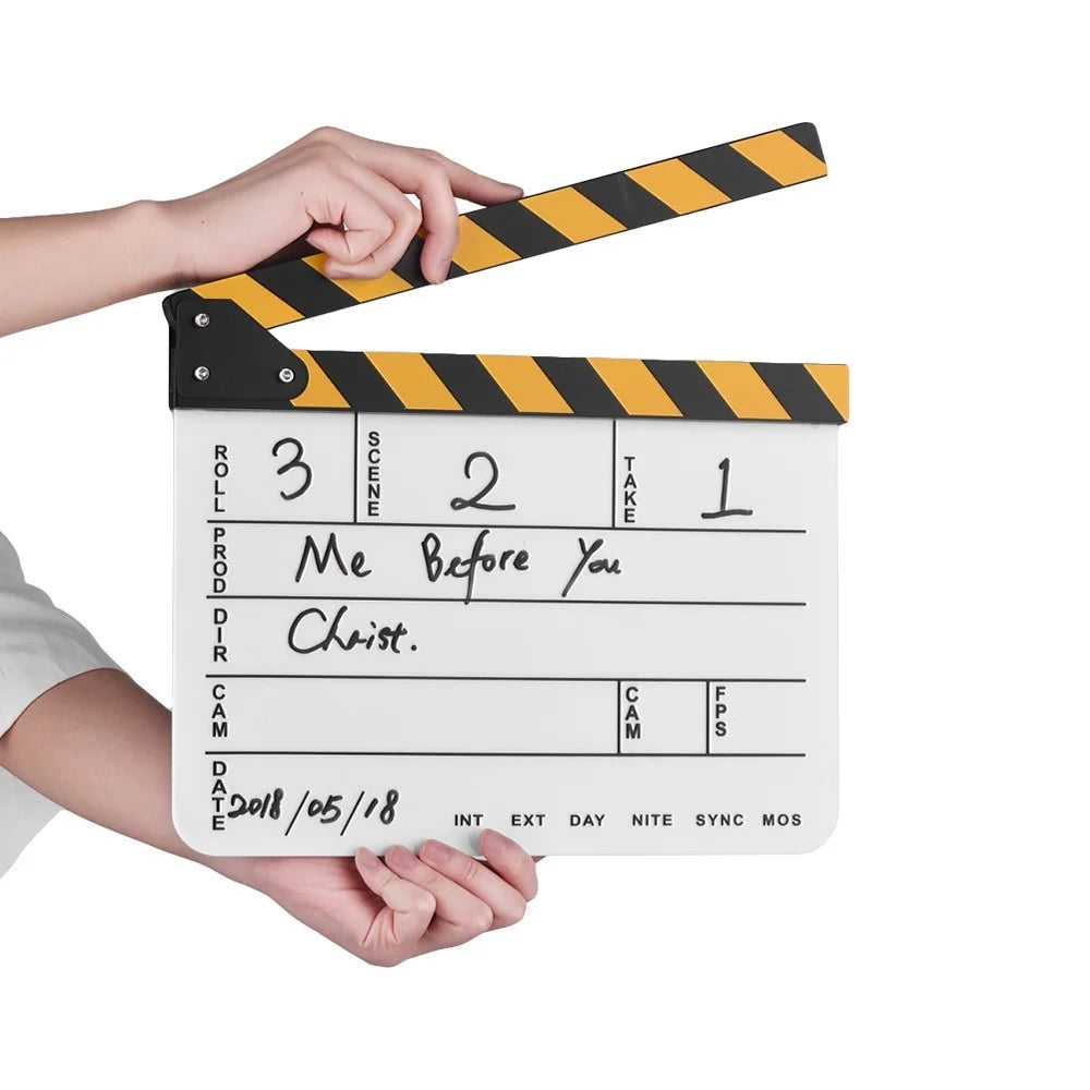 Dry Erase Acrylic Director Film Clapboard Movie TV Cut Action Scene Clapper Board Slate - White - 2