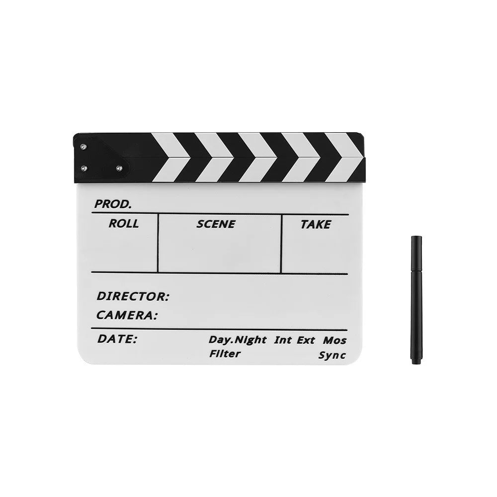 Movie TV Cut Action Scene Clapper Board Dry Erase Acrylic Director Film Clapboard Slate Marker + Pen - Black & White Stick - 6