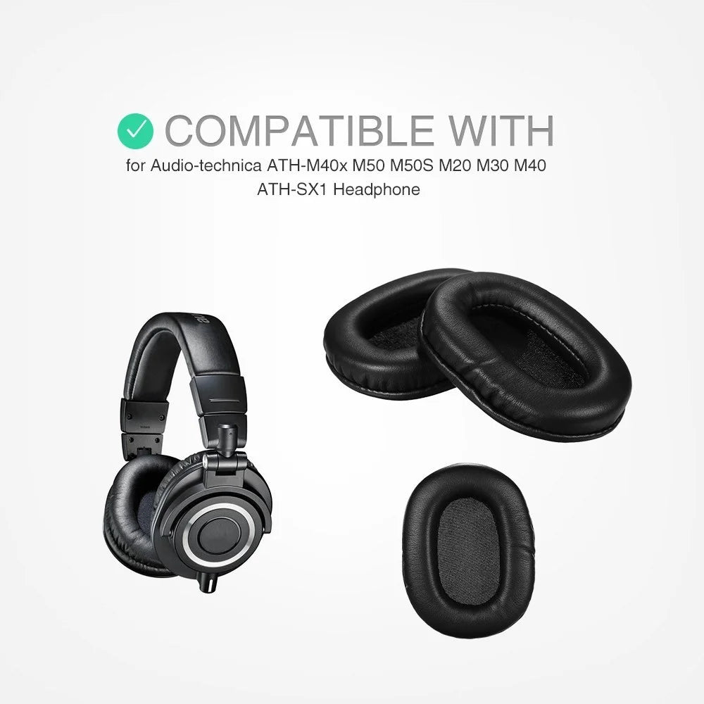 Replacement Protein Leather Memory Foam Ear Pad Cushion for Audio-technica ATH-M40x M50 M50S M20 M30 M40 ATH-SX1 Headphone - Black - 7