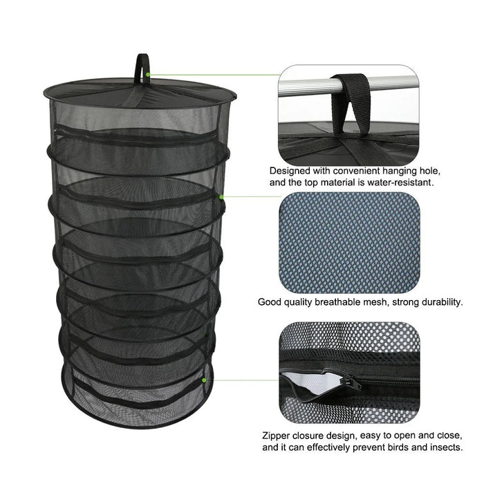Folding Dry Rack Hanging Basket Drying Net Dryer for Herbs Flowers Buds Plants - 6 Layers / Green Zipper - 6