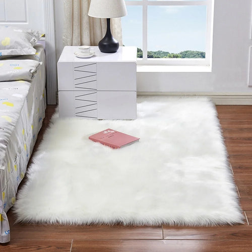 Soft Faux Fur Rug Fluffy Rectangle Shape Sheepskin Fur Carpet Rug for Nursery Room, Bedroom, Luxury Home Decor - White/300x300mm - 1