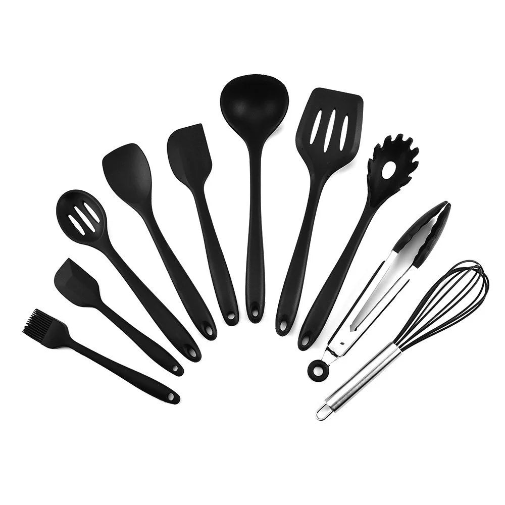 10Pcs Heat Resistant Silicone Kitchen Utensil Set Non-Stick Spoon Spatula Ladle Cooking Tools Dinnerware - Black - 1