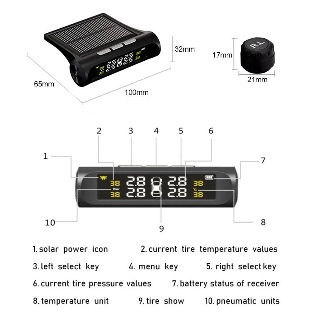 Car TPMS Tire Pressure Monitoring System with 4 External Sensor Solar Charging HD Digital LCD Display Auto Alarm System - 3