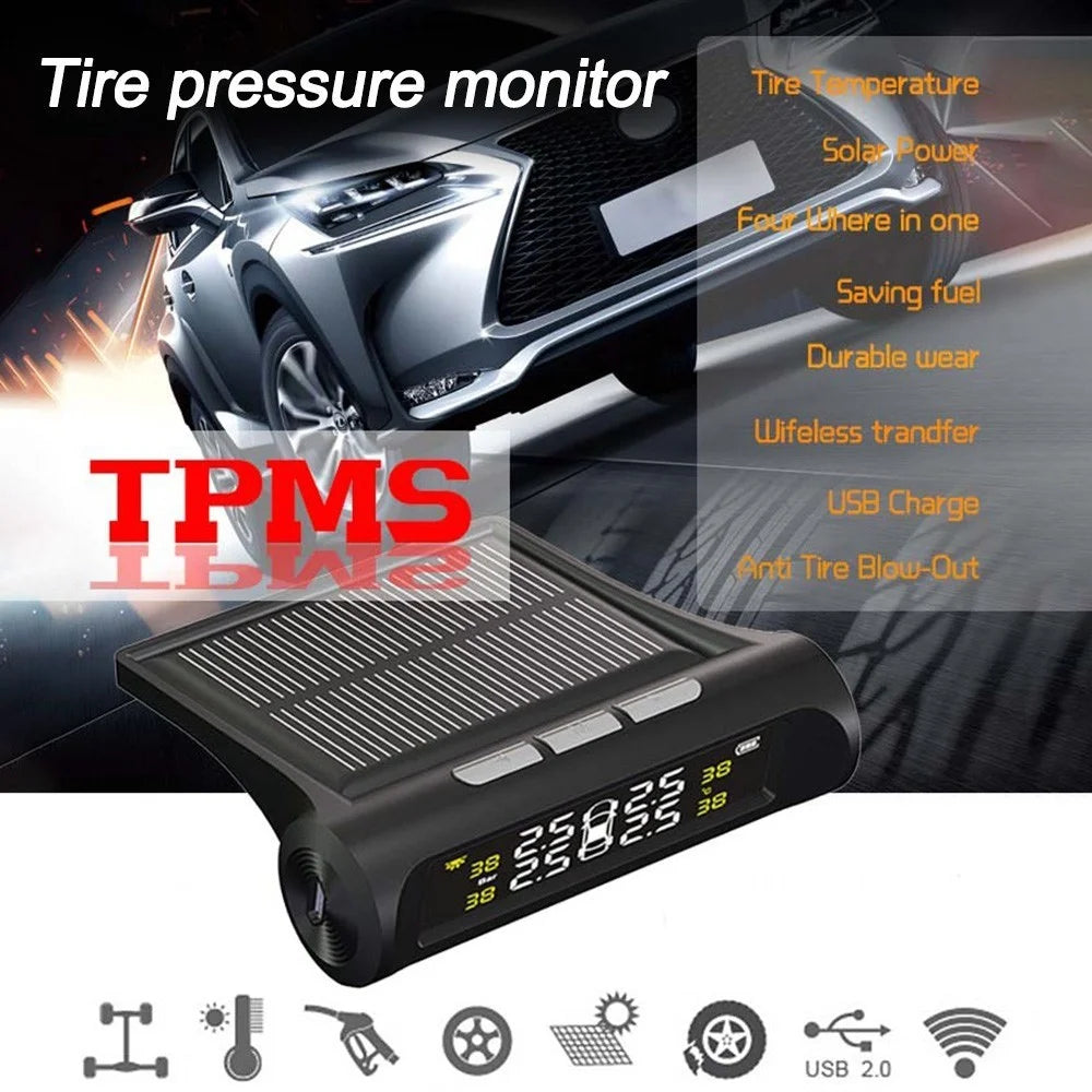 Car TPMS Tire Pressure Monitoring System with 4 External Sensor Solar Charging HD Digital LCD Display Auto Alarm System - 4