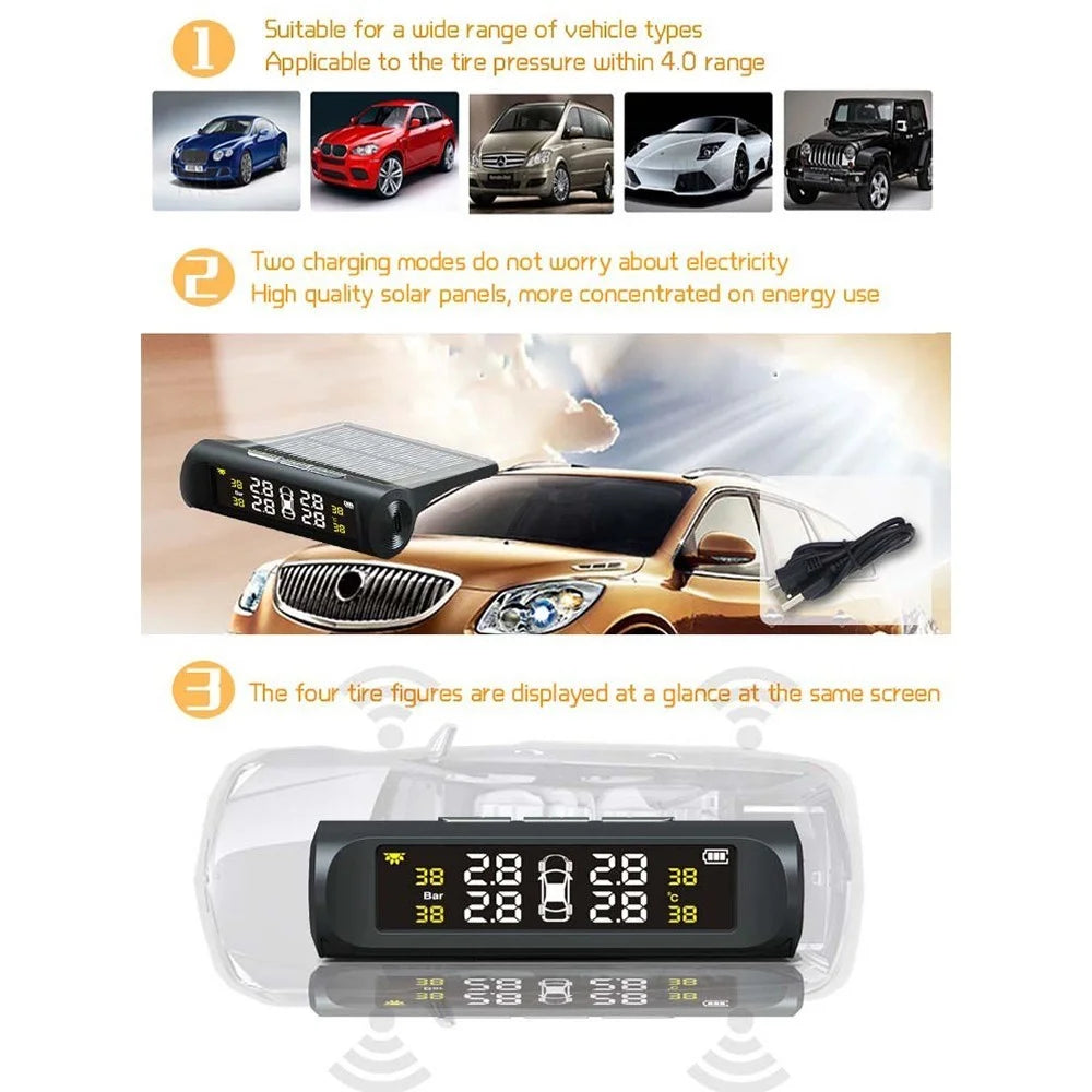 Car TPMS Tire Pressure Monitoring System with 4 External Sensor Solar Charging HD Digital LCD Display Auto Alarm System - 5