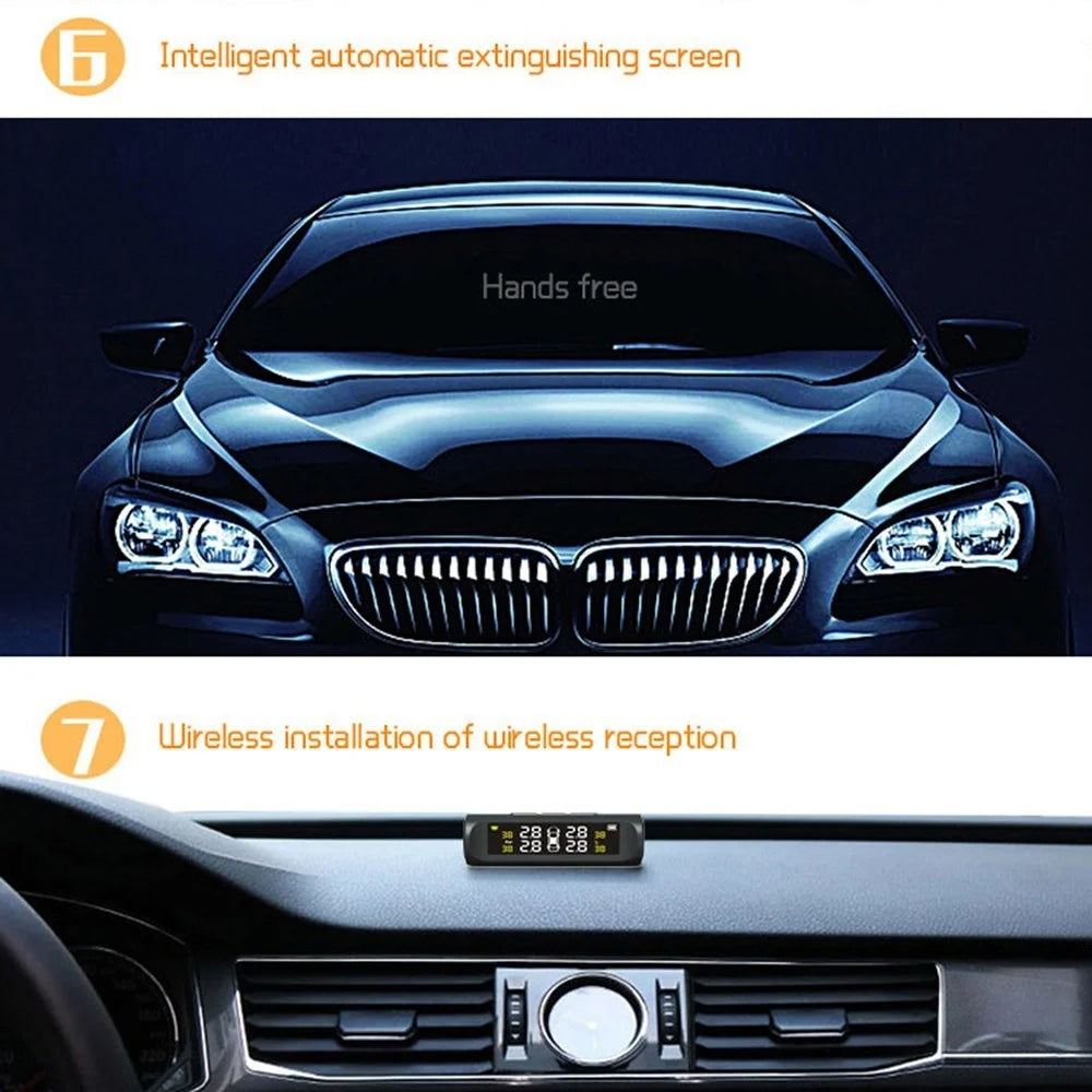 Car TPMS Tire Pressure Monitoring System with 4 External Sensor Solar Charging HD Digital LCD Display Auto Alarm System - 6