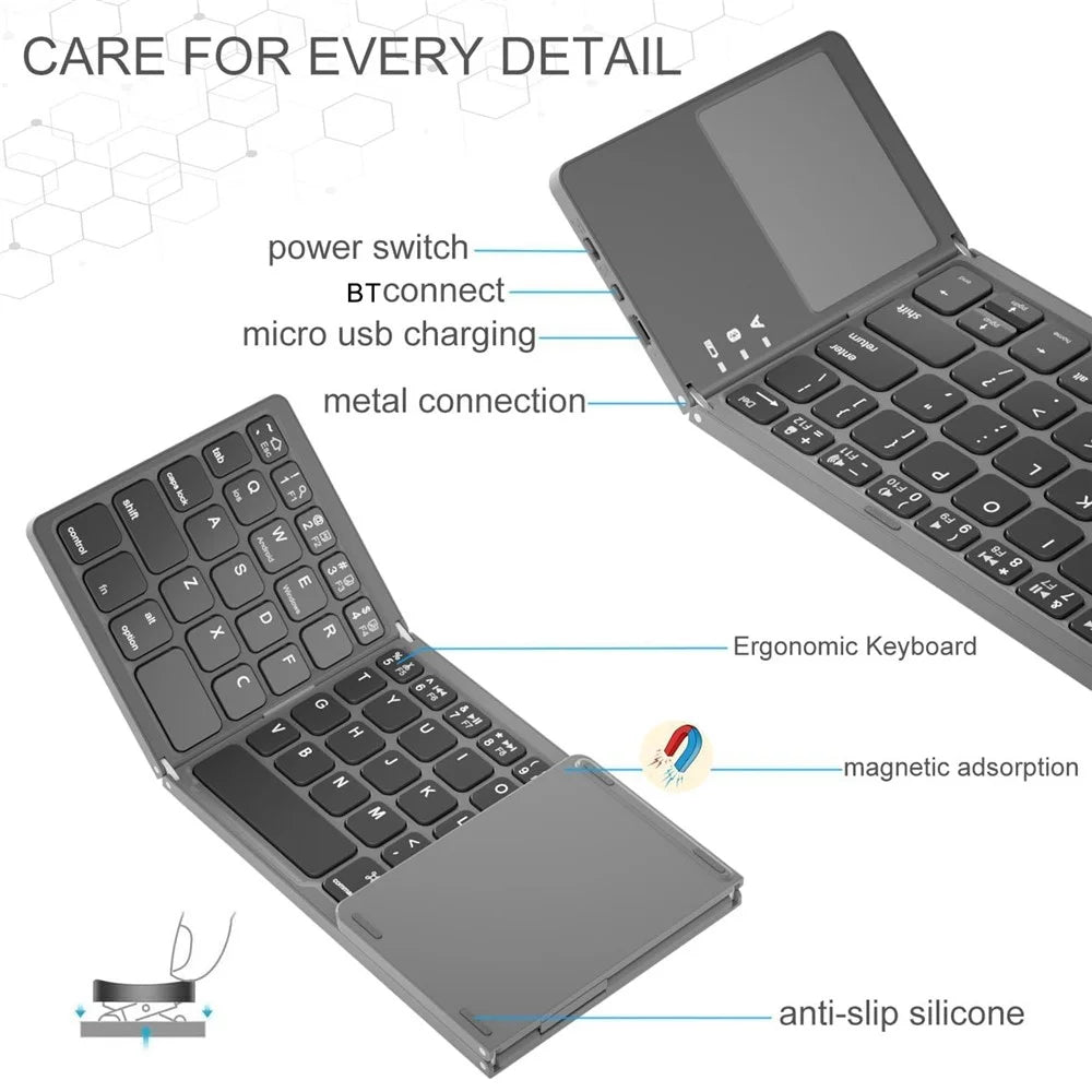 Wireless Bluetooth-Compatible Keyboard Mini Tri-Fold Keyboard with Touchpad for Tablet Phone Computer - Black - 5