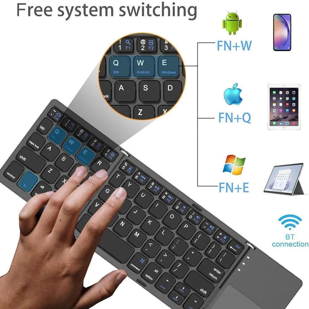 Wireless Bluetooth-Compatible Keyboard Mini Tri-Fold Keyboard with Touchpad for Tablet Phone Computer - Black - 6