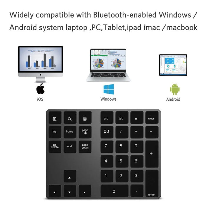 Aluminium 34-Key Wireless Numeric Bluetooth-compatible Keyboard Keypad for Windows/iOS/Android - Black - 6