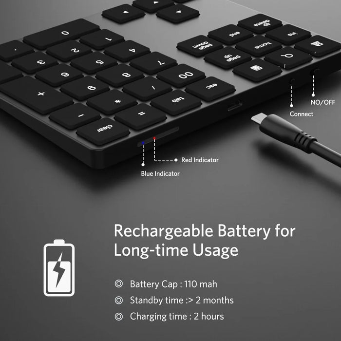 Aluminium 34-Key Wireless Numeric Bluetooth-compatible Keyboard Keypad for Windows/iOS/Android - Black - 7