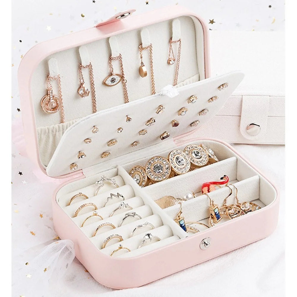 Jewelry Box Organizer Double Layer for Necklace Earring Rings PU Leather Jewelry Holder Case - Pink - 4