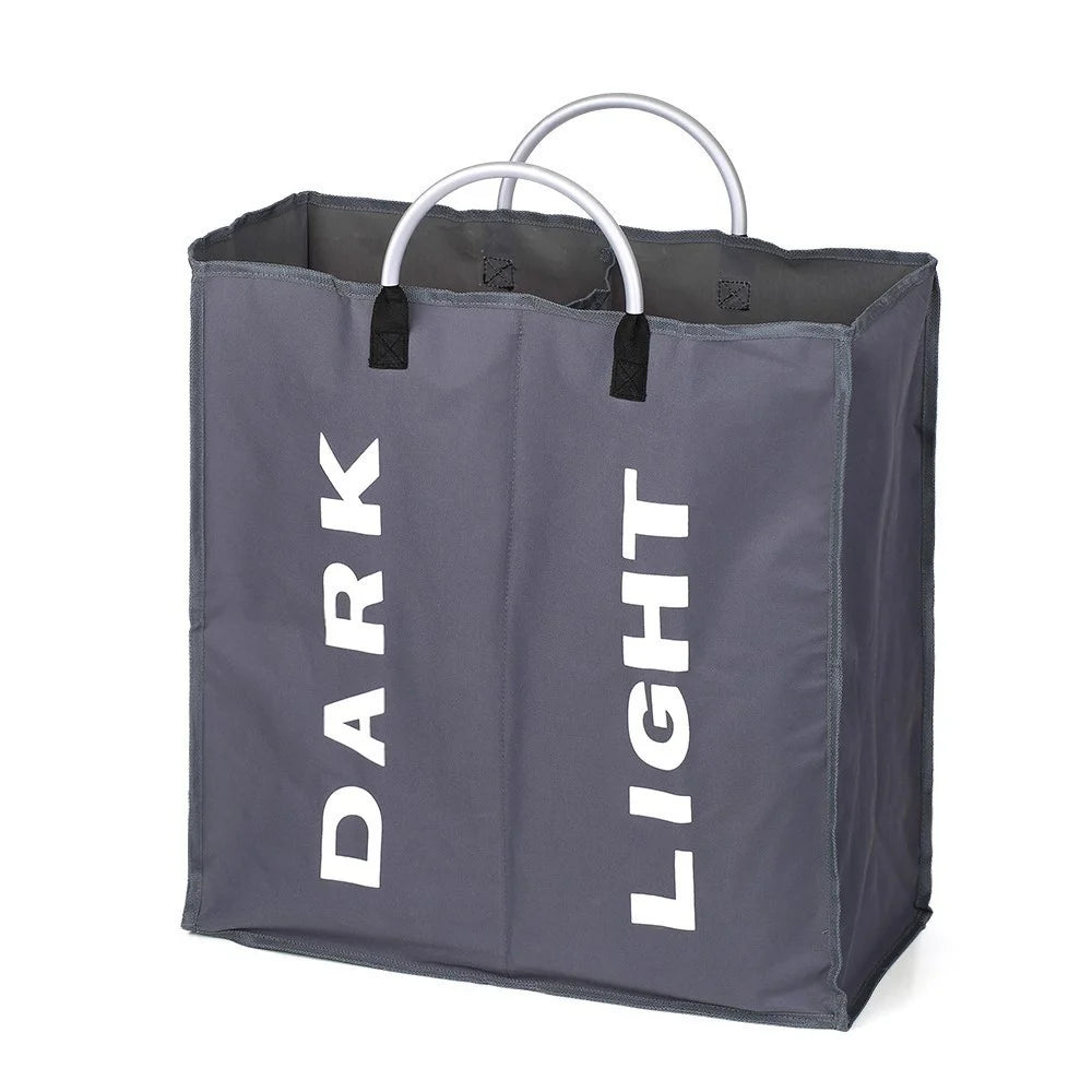 Collapsable 2-section Laundry Bag Foldable Laundry Hamper Durable Oxford Fabric Laundry Basket Clothes Sorter with Alloy Handle - Dark Grey - 1