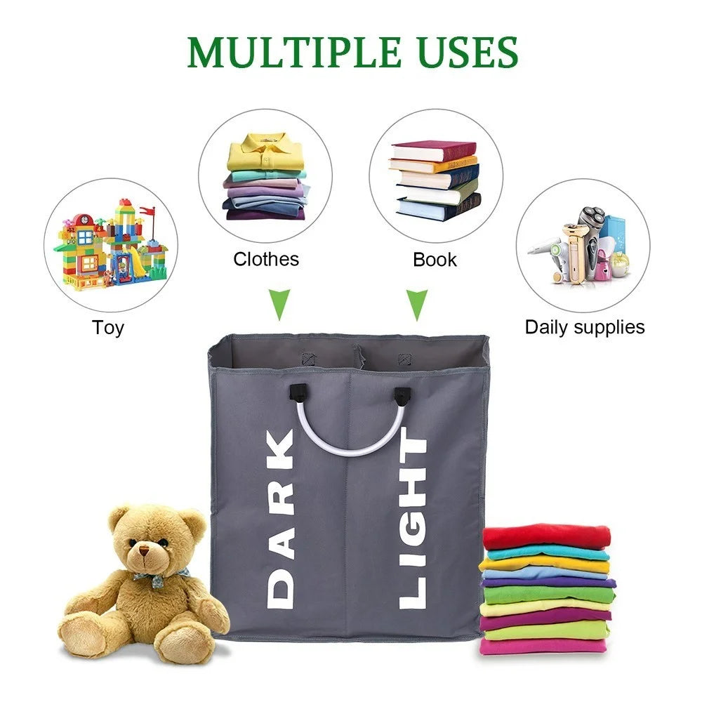Collapsable 2-section Laundry Bag Foldable Laundry Hamper Durable Oxford Fabric Laundry Basket Clothes Sorter with Alloy Handle - Dark Grey - 2