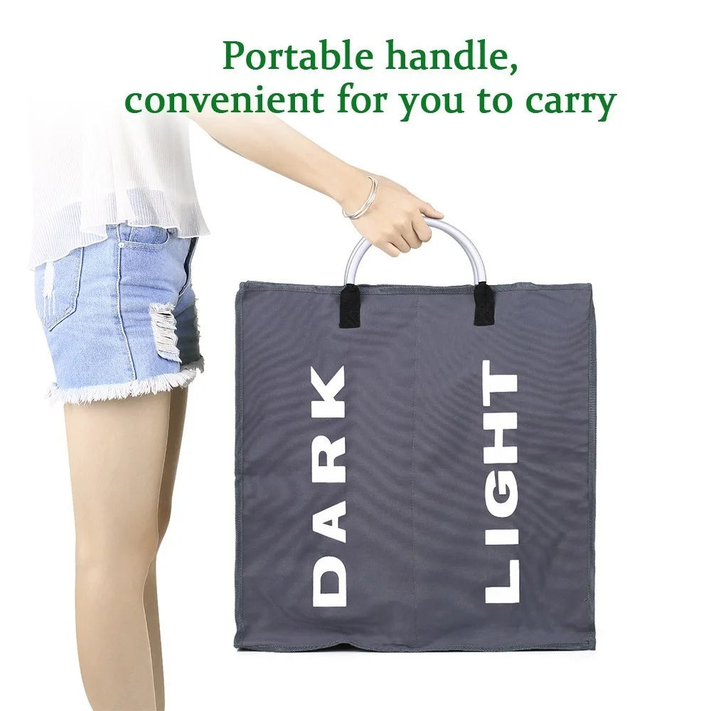 Collapsable 2-section Laundry Bag Foldable Laundry Hamper Durable Oxford Fabric Laundry Basket Clothes Sorter with Alloy Handle - Dark Grey - 4