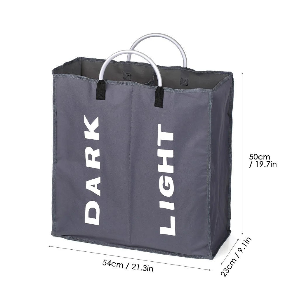 Collapsable 2-section Laundry Bag Foldable Laundry Hamper Durable Oxford Fabric Laundry Basket Clothes Sorter with Alloy Handle - Dark Grey - 5