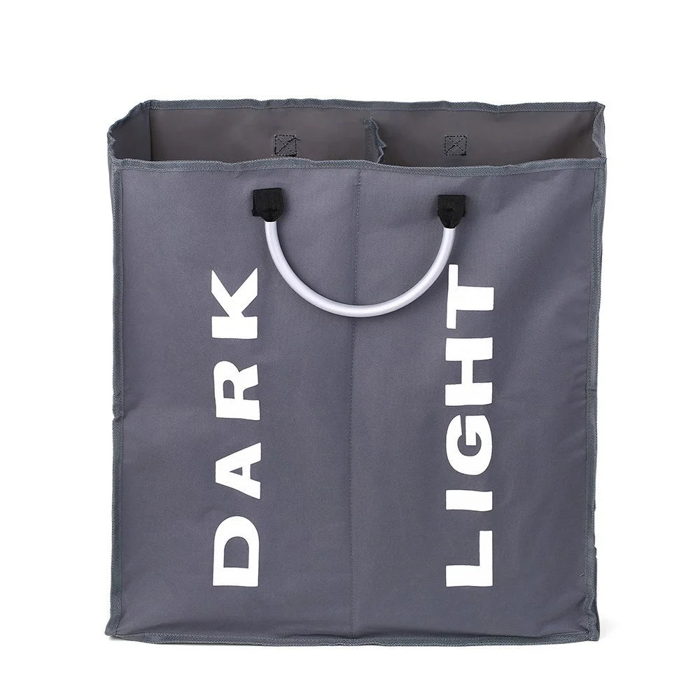 Collapsable 2-section Laundry Bag Foldable Laundry Hamper Durable Oxford Fabric Laundry Basket Clothes Sorter with Alloy Handle - Dark Grey - 7