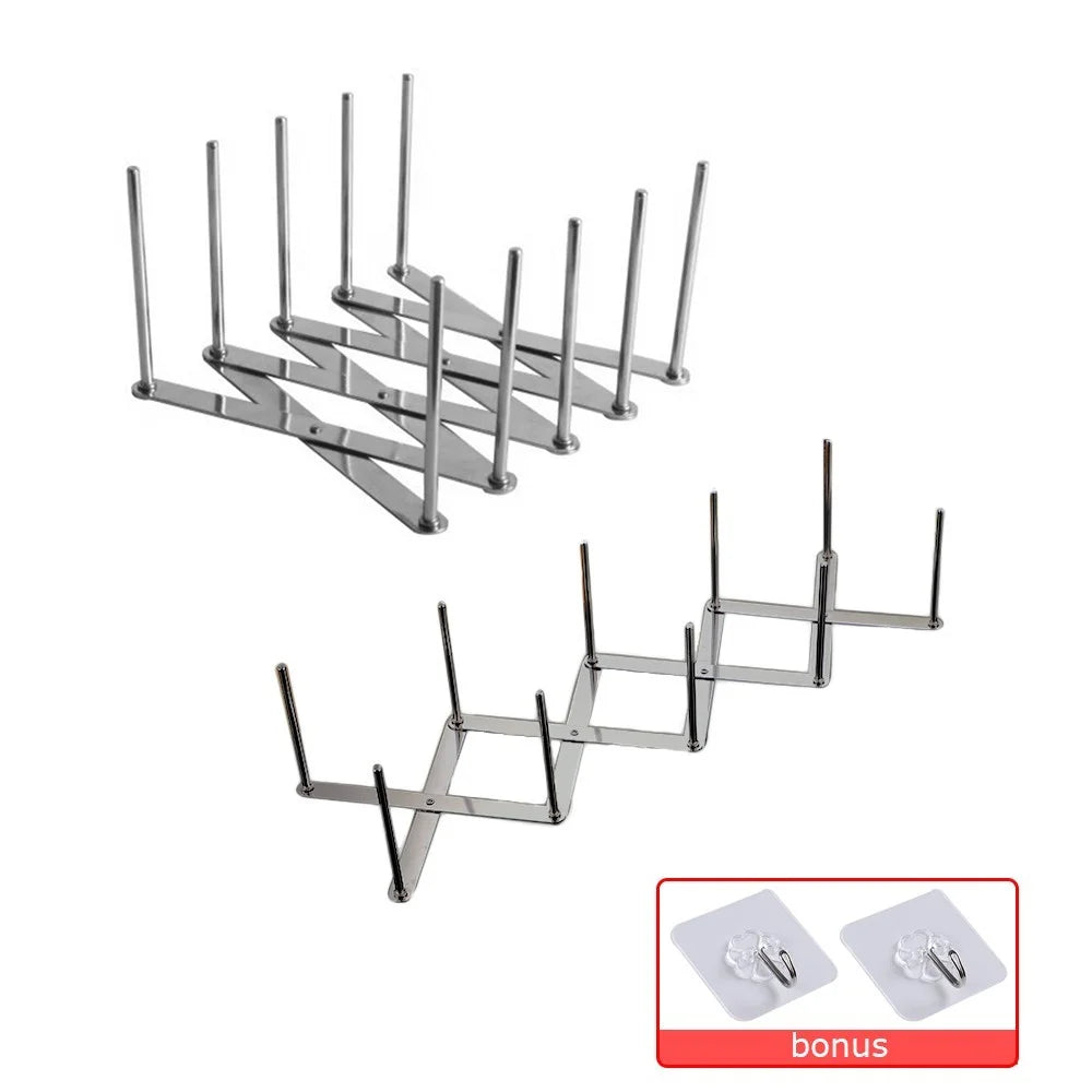 Kitchen Utensil Organizer Stainless Steel Pot Lid Plate Holder Rack Expandable 4 Sectional Adjustable with Sucker Hooks - 1