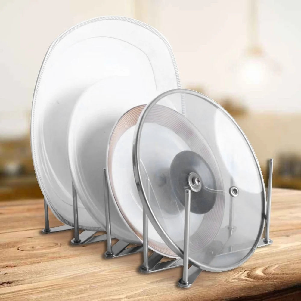 Kitchen Utensil Organizer Stainless Steel Pot Lid Plate Holder Rack Expandable 4 Sectional Adjustable with Sucker Hooks - 2