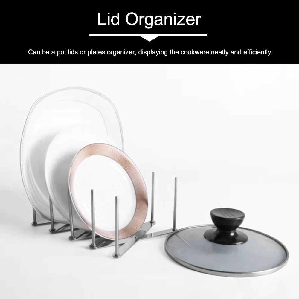 Kitchen Utensil Organizer Stainless Steel Pot Lid Plate Holder Rack Expandable 4 Sectional Adjustable with Sucker Hooks - 4
