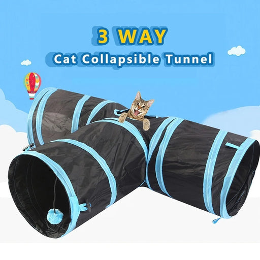For Cats Dogs Rabbits Pets Home Indoor 3-way Play Collapsible Tunnel Toy - Blue - 1